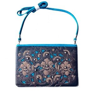 Western Crossbody Bag Leather Studs Turquoise Fold Clutch Western Boho New NWOT